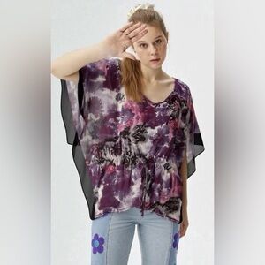 Avenue Purple and Pink Floral Blouse, Flowy Boho Chic, Very Sheer